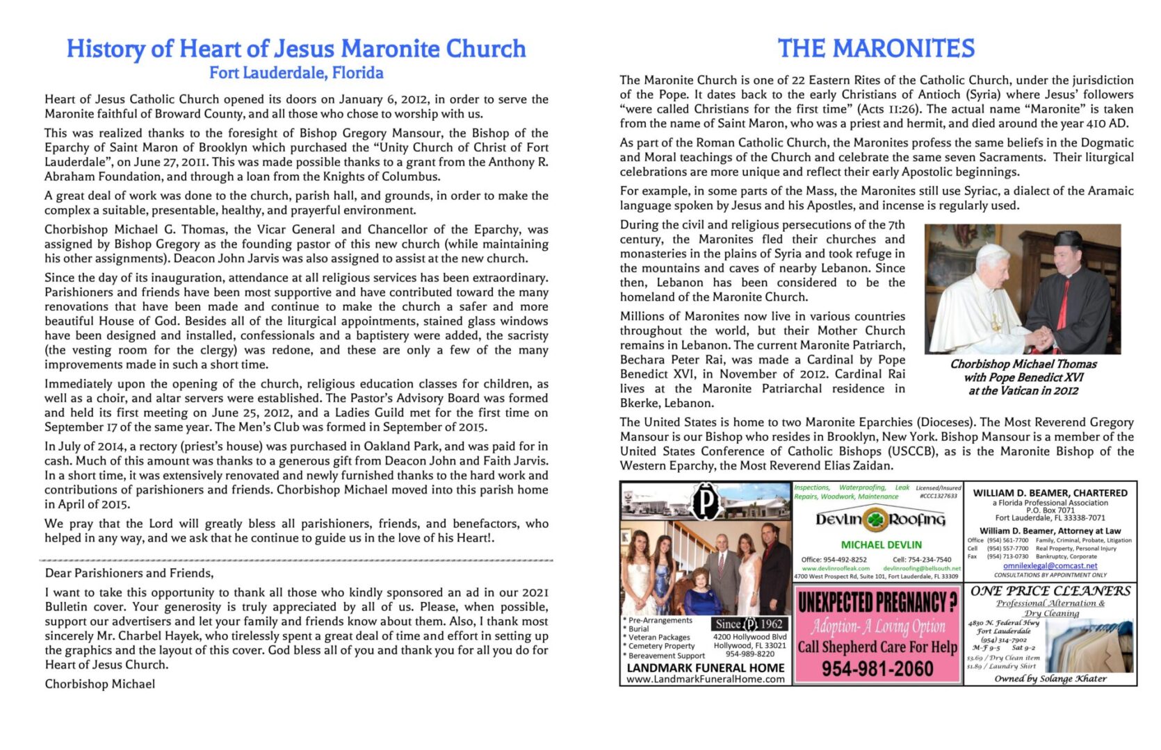A flyer containing the Heart of Jesus Catholic Church Maronite Rite’s history