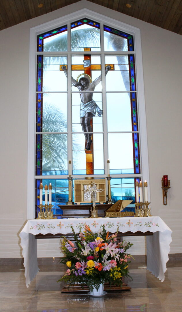 The church altar with colorful flowers