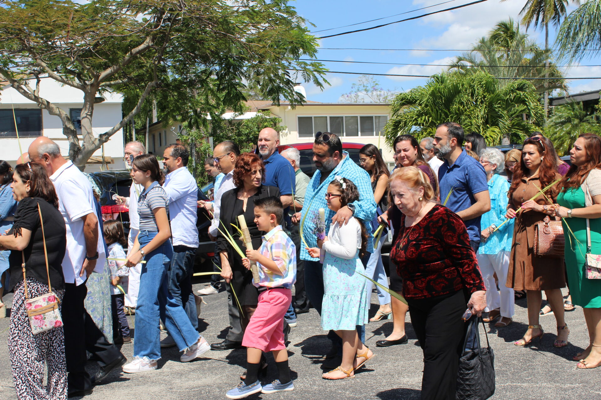 A crusade of people holding pieces of palm leaves